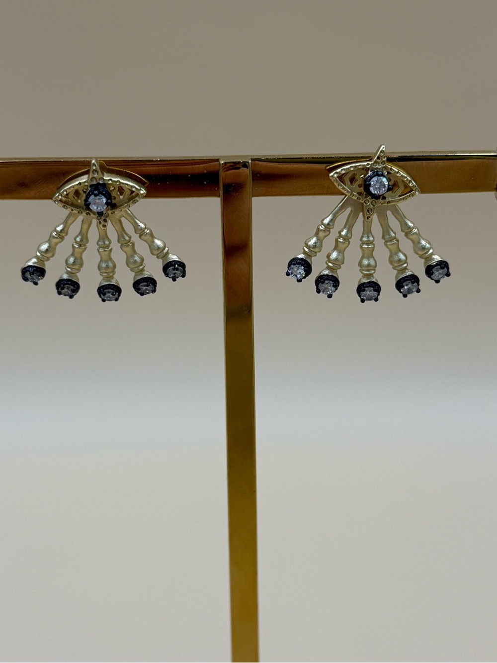 Vintage Style Gold Eye Drop Earrings with Black Accent Stones - Studs